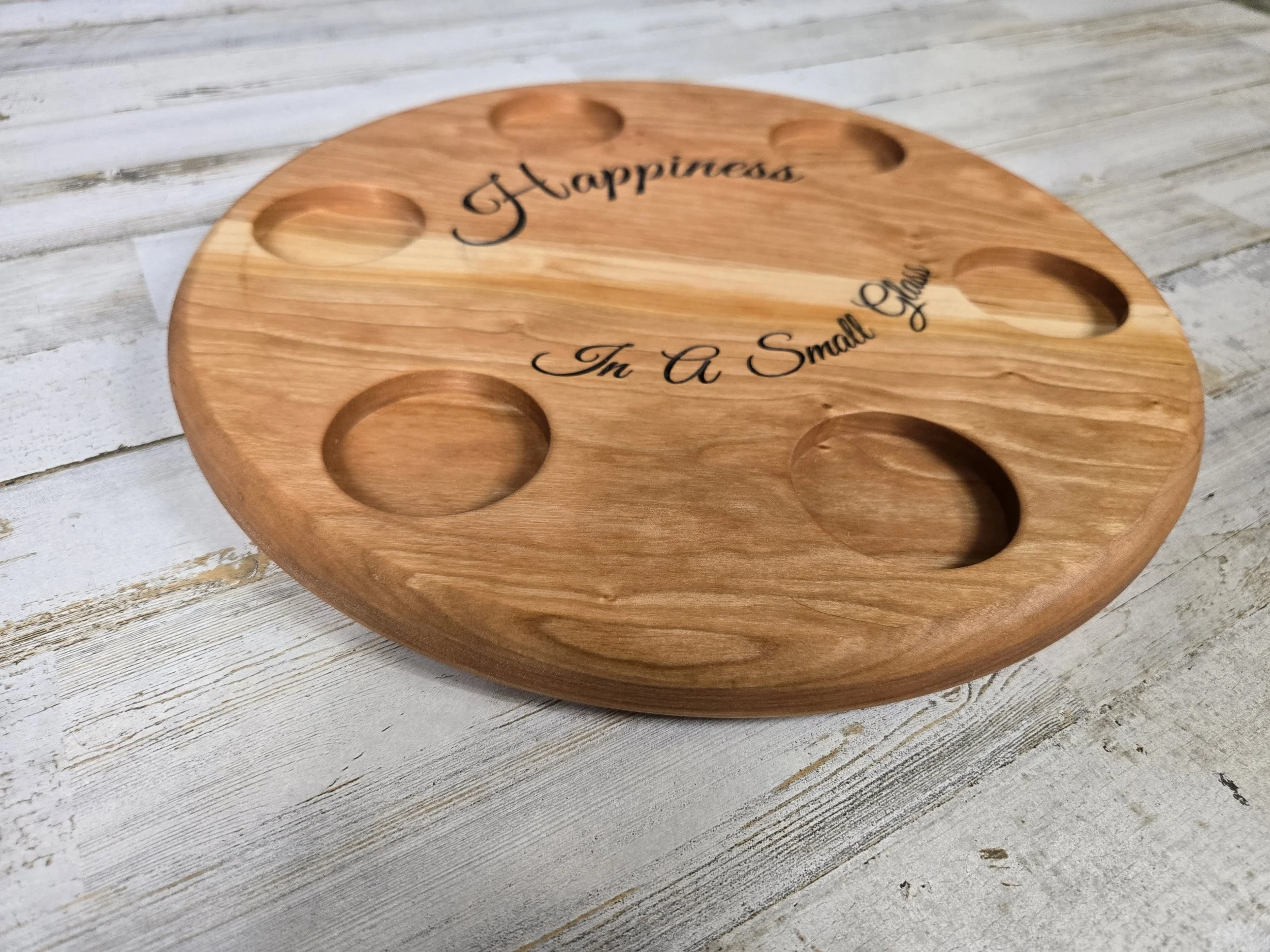 Handcrafted Personalized Cherry Wood Shot Glass Serving Tray - 12 Inch Diameter | Shot Glass Party Tray