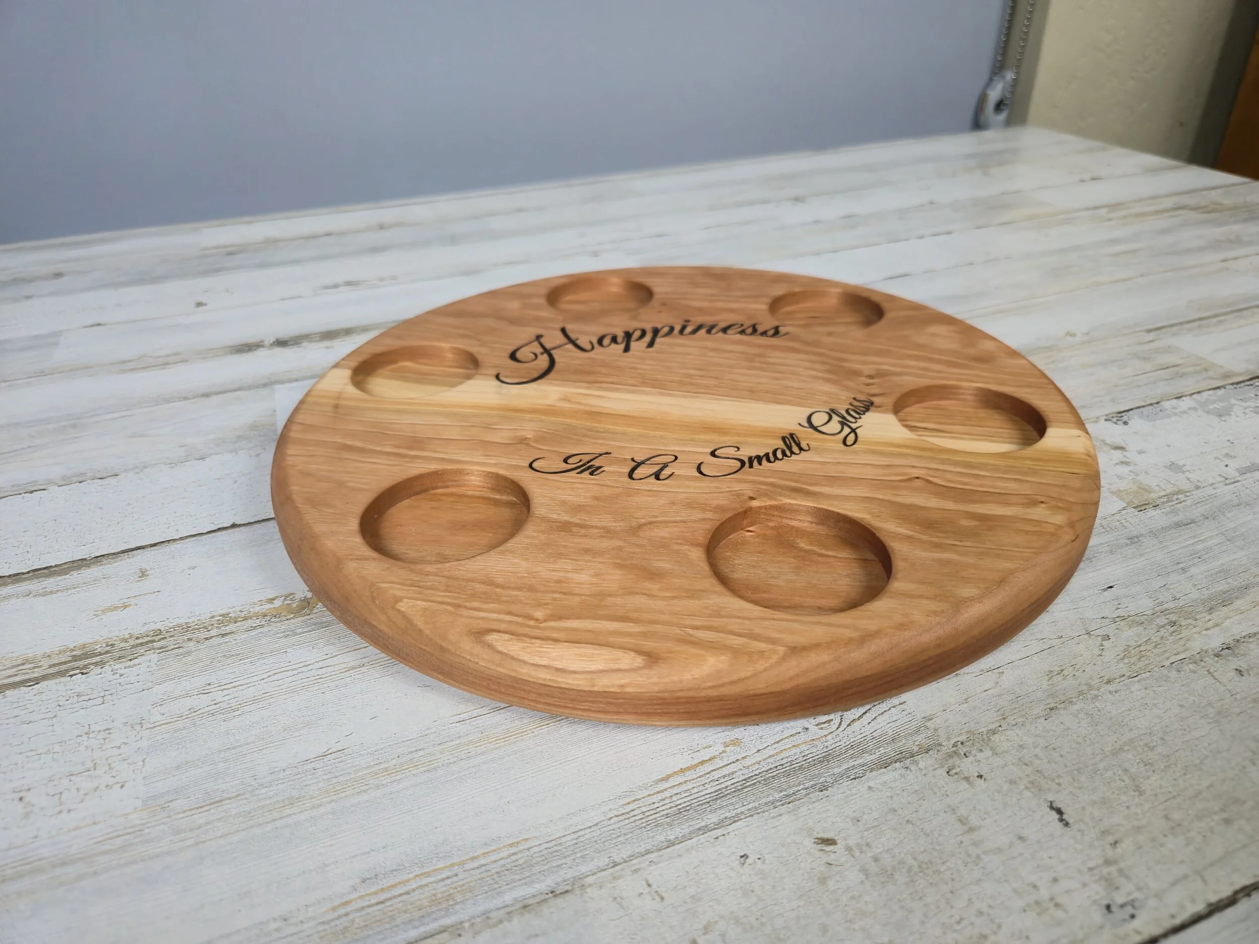 Handcrafted Personalized Cherry Wood Shot Glass Serving Tray - 12 Inch Diameter | Shot Glass Party T — C&C Custom Crafts