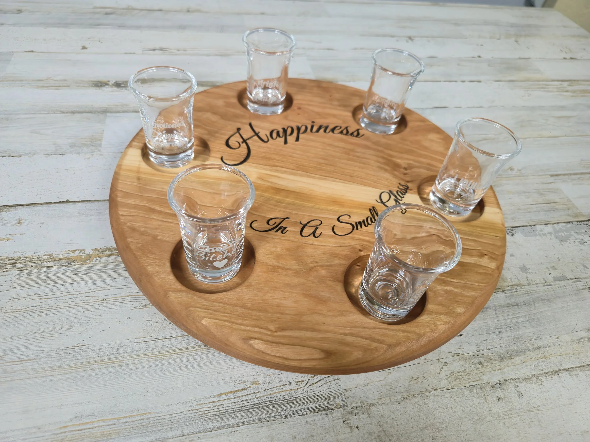 Handcrafted Personalized Cherry Wood Shot Glass Serving Tray - 12 Inch Diameter | Shot Glass Party Tray