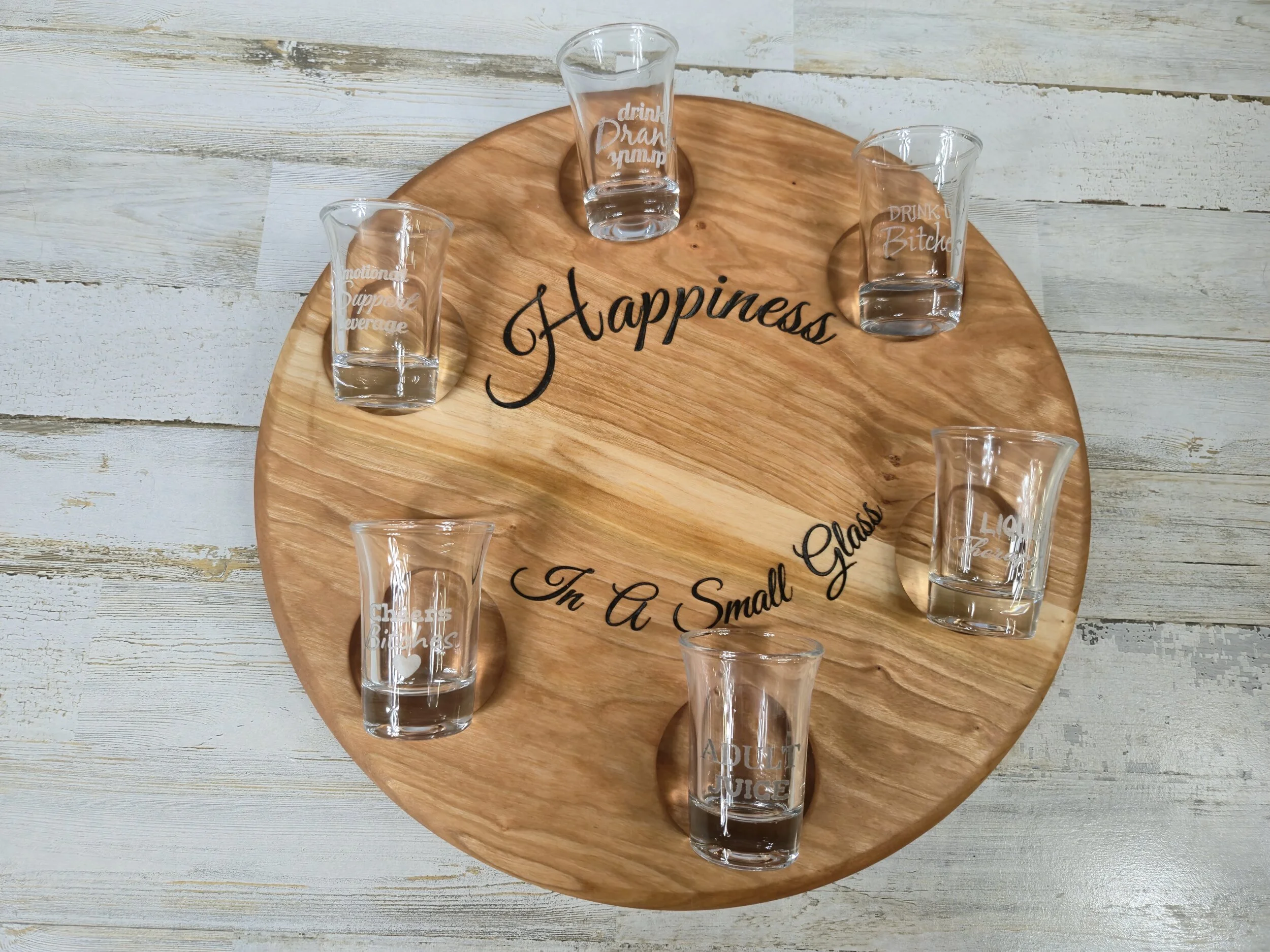 Handcrafted Personalized Cherry Wood Shot Glass Serving Tray - 12 Inch Diameter | Shot Glass Party T — C&C Custom Crafts